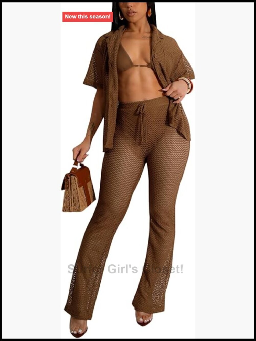 2 Piece Crochet Outfits Hollow Out Swimsuit Button Up Tops Wide Leg Pants Beach